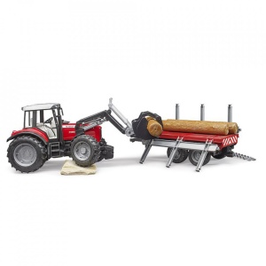 Bruder - Tractor Massey Ferguson 7480 Cu Incarcator Frontal Si Remorca Pentru Lemne - Img 4