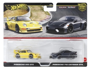 Hot Wheels Premium Set 2 Masinute Metalice Porsche 993 Gt2 Si Porsche 718 Cayman Gt4 Scara 1:64