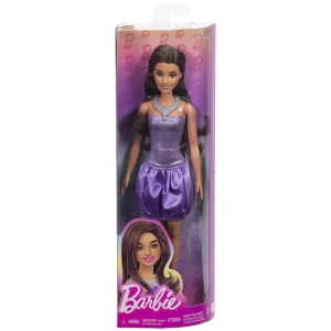 Papusa Barbie Fashionista Bruneta Cu Rochie Mov Si Colier