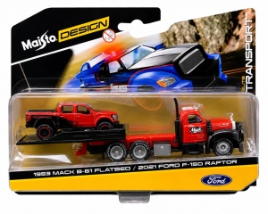 Maisto Design Elite Transport Set Camion Cu Rampa Mack B 61 Flatbed 1953 Si Masinuta Ford F150 Raptor 2021 Scara 1 La 64