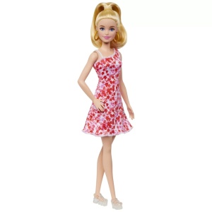 Barbie Papusa Barbie Fashionista Blonda Cu Parul Prins In Coada Si Rochie Cu Floricele - Img 6