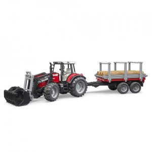 Bruder - Tractor Massey Ferguson 7480 Cu Incarcator Frontal Si Remorca Pentru Lemne - Img 8