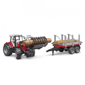 Bruder - Tractor Massey Ferguson 7480 Cu Incarcator Frontal Si Remorca Pentru Lemne - Img 5