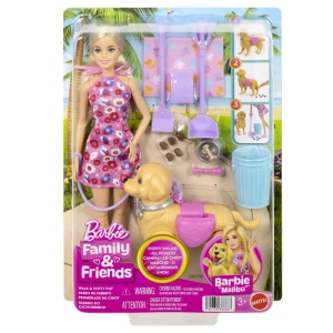 Barbie Family And Friends Set Papusa Barbie Malibu Plimbare Cu Catelul
