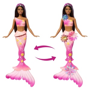 Barbie Papusa Sirena Floarea Magica Cu Par Brunet Si Coada Roz - Img 3