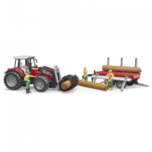 Bruder - Tractor Massey Ferguson 7480 Cu Incarcator Frontal Si Remorca Pentru Lemne - Img 2