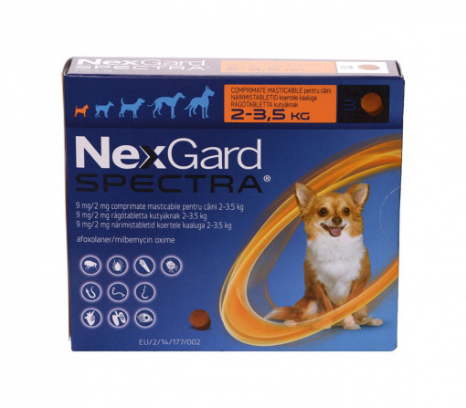 Nexgard Spectra XS pt câini 2-3.5 kg 3 comprimate masticabile