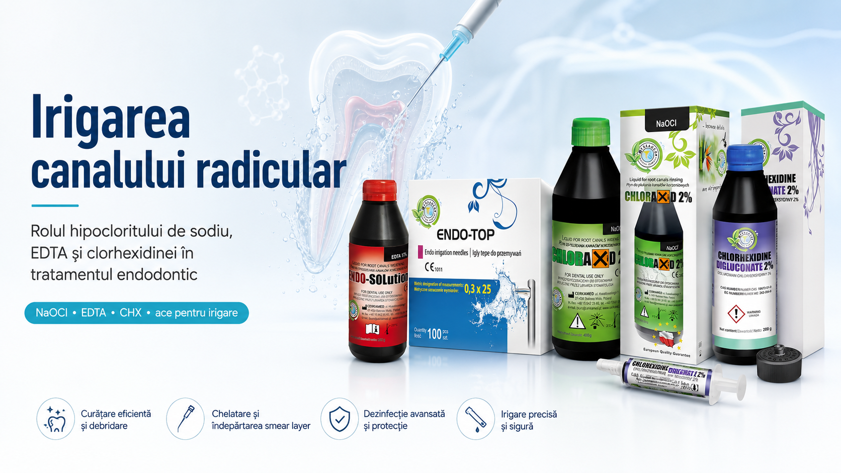 Irigarea canalului radicular: rolul hipocloritului de sodiu, EDTA și clorhexidinei în tratamentul endodontic