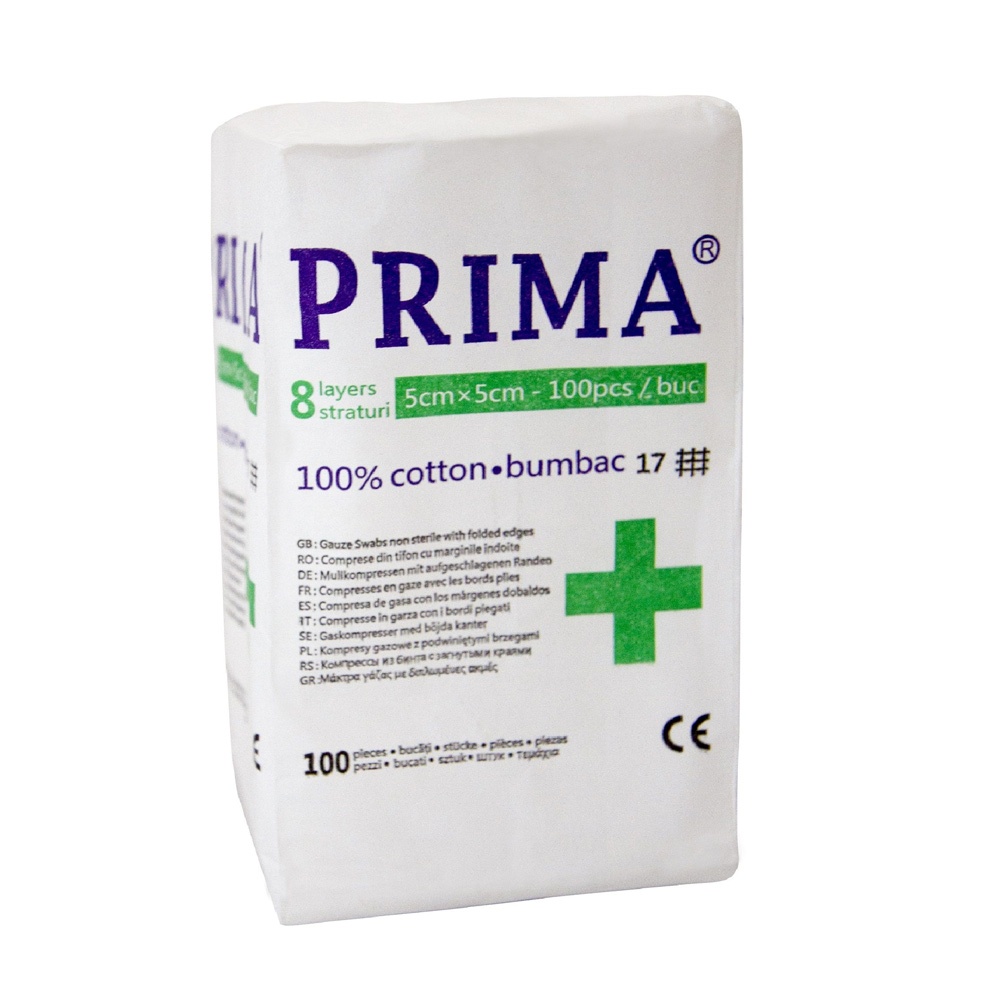 Comprese nesterile din tifon, PRIMA, 8 pliuri, 5x5cm, 100 bucati