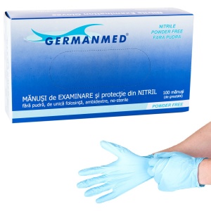 Manusi nitril albastre, nepudrate, Germanmed, Mărimi XS, S, M, L, XL, 100 buc
