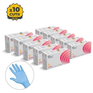Set 10 cutii manusi unica folosinta, Velo, Nitril, Albastru, 100 buc/cutie (1 bax)