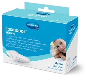 Cosmopor silicone 7,2 x 5cm - Plasturi autoadezivi, cu strat de contact din silicon, din material netesut, cu corp absorbant central - dim pad:4 x 2.5cm - 5 buc/cutie