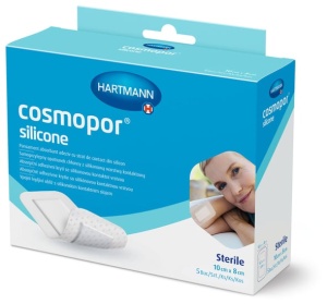 Cosmopor silicone 10 x 8cm - Plasturi autoadezivi, cu strat de contact din silicon, din material netesut, cu corp absorbant central - dim pad: 6.5 x 3.8 cm - 5 buc/cutie