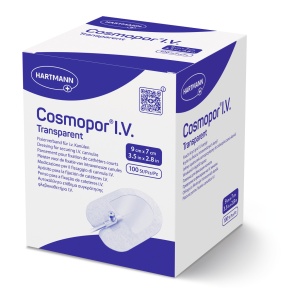 Cosmopor I.V. Transparent 9 x 7cm - Plasture steril autoadeziv din material netesut si film transparent, pentru fixarea branulelor si canulelor - 100 buc/cutie
