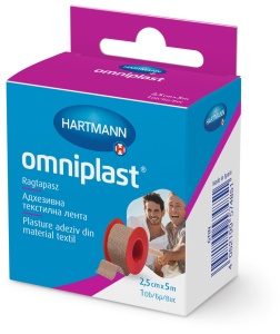 Omniplast 2,5cm x 5m - Plasture adeziv pe suport textil, in rola, rezistent la apa si usor de rupt - 1 buc/cutie