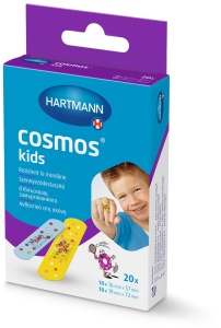 Cosmos Kids 2 sizes - Plasturi rezistenti la apa si murdarie, cu desene vesele pentru copii Dimensiuni: 16x57mm (x10), 19x72mm (x10) - 20 buc/cutie