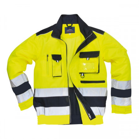 Jacheta de lucru din tercot galben cu benzi reflectorizante pentru constructori drumari santier