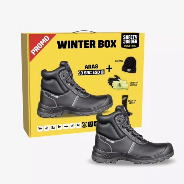 Winterbox de la Safety Jogger: Bocanci de protectie iarna S3 ESD SRC CI, șosete, manusi si caciula