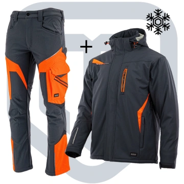 Costum de lucru iarna Sara: Geaca căptușita si Pantaloni Softshell negru-portocaliu