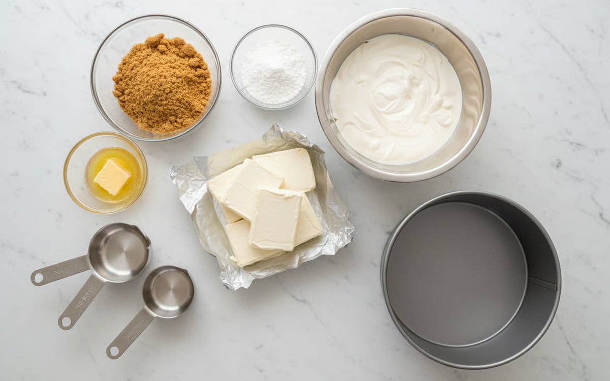 reteta cheesecake - Ingredientele necesare pentru cheesecake fara coacere aranjate pe blatul de bucatarie