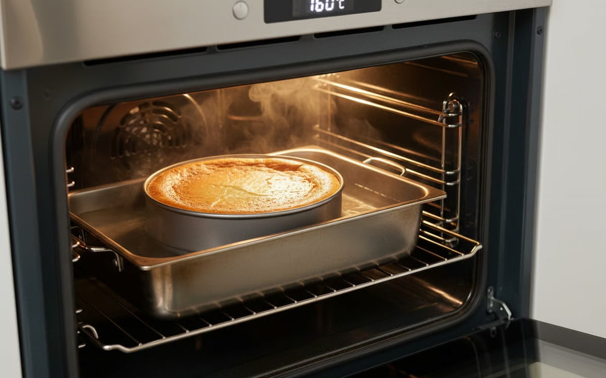 reteta cheesecake - Cheesecake in proces de coacere folosind metoda bain-marie in cuptor