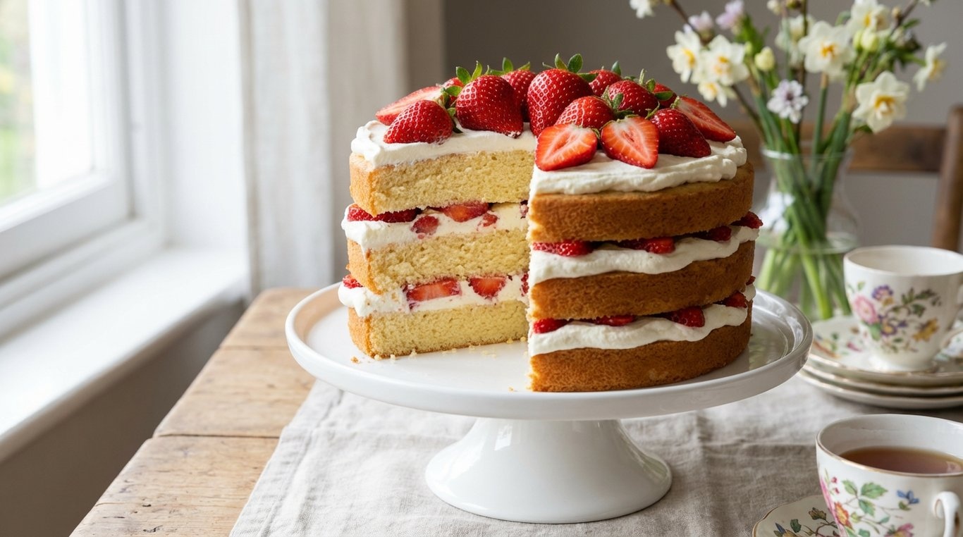 2. Tortul cu capsuni (victoria sponge cake, tort cu frisca si capsuni, narcise)