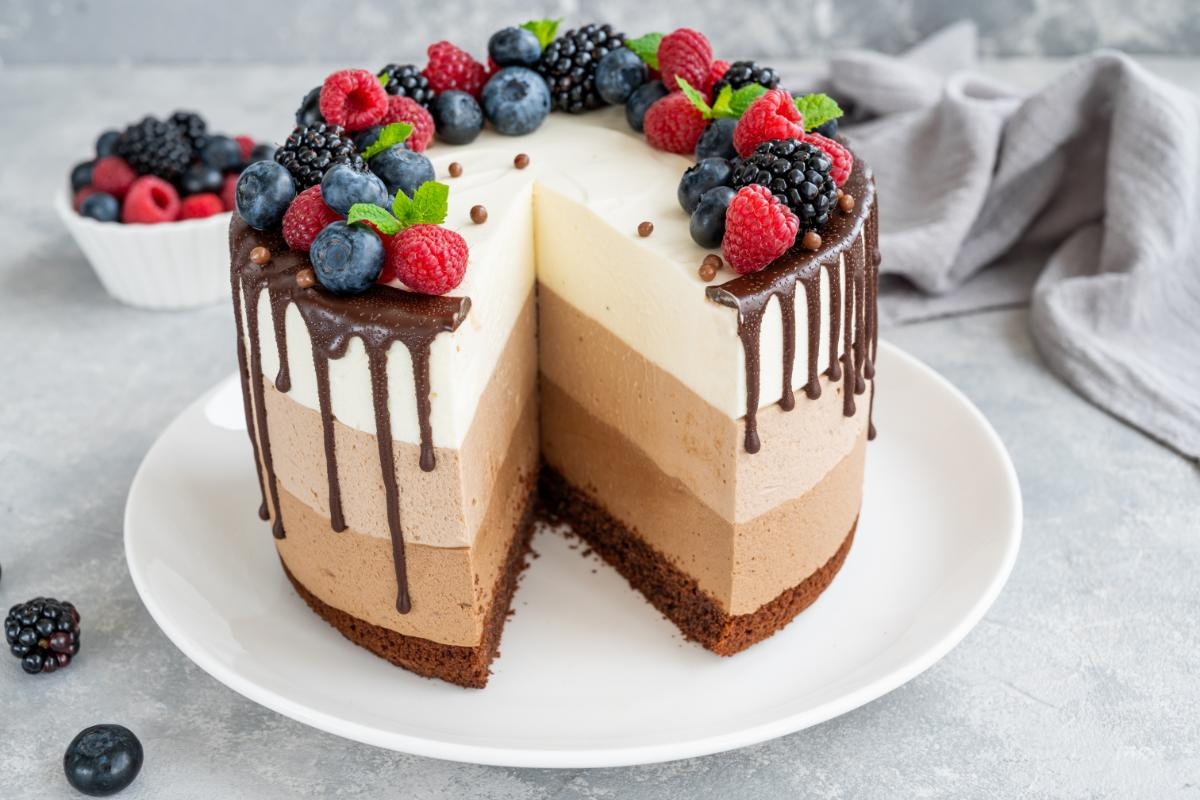 2.1. Tort cu mousse de ciocolată în trei straturi_tort, fructe, glazură, farfurie