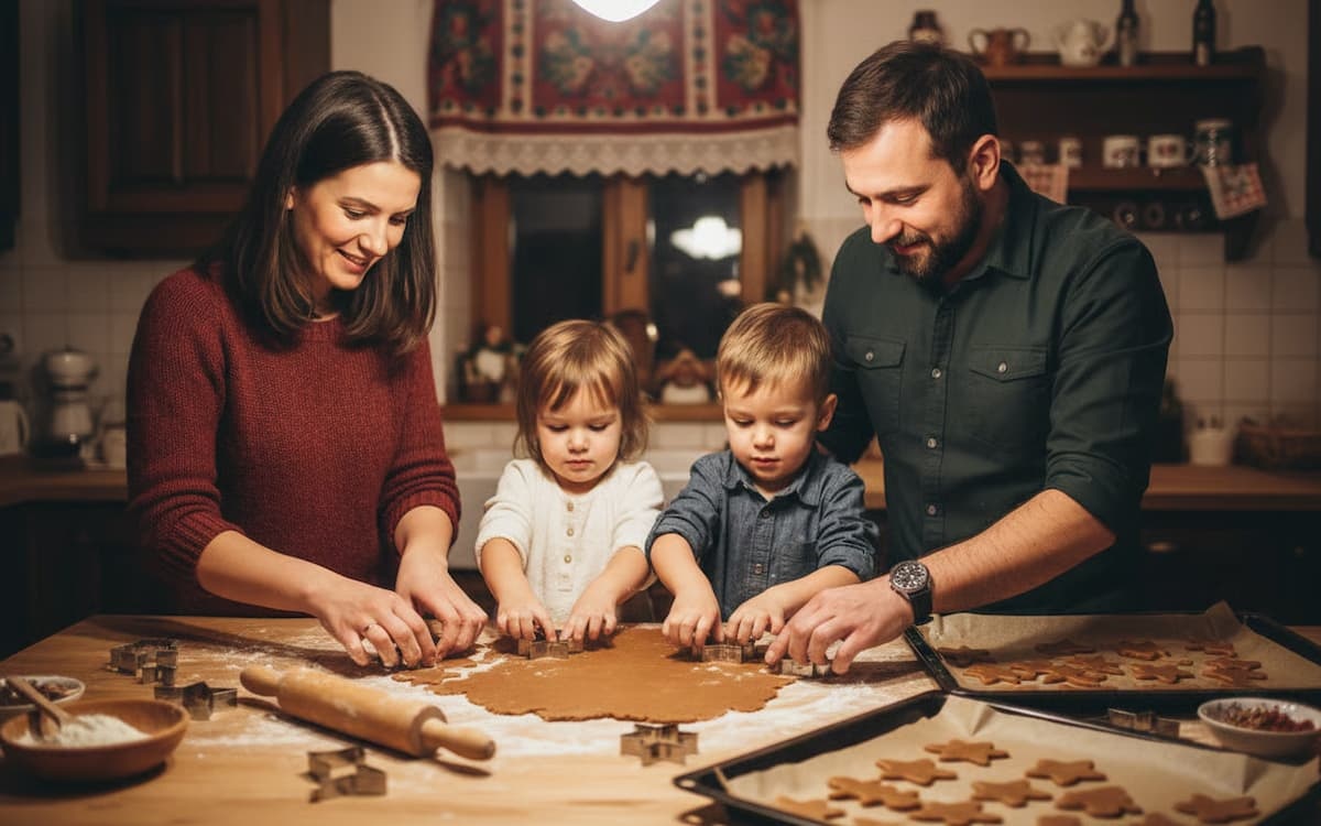 4 turta dulce reteta - Familie preparand impreuna forme de turta dulce pentru Craciun
