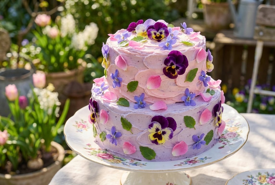 4. Tortul cu flori comestibile (tort colorat cu flori, panselute, gradina)
