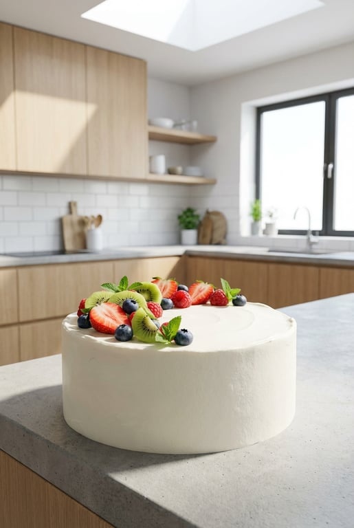 5. Tortul minimalist cu fructe (tort cu fructe clasic, tort alb, fructe proaspete)