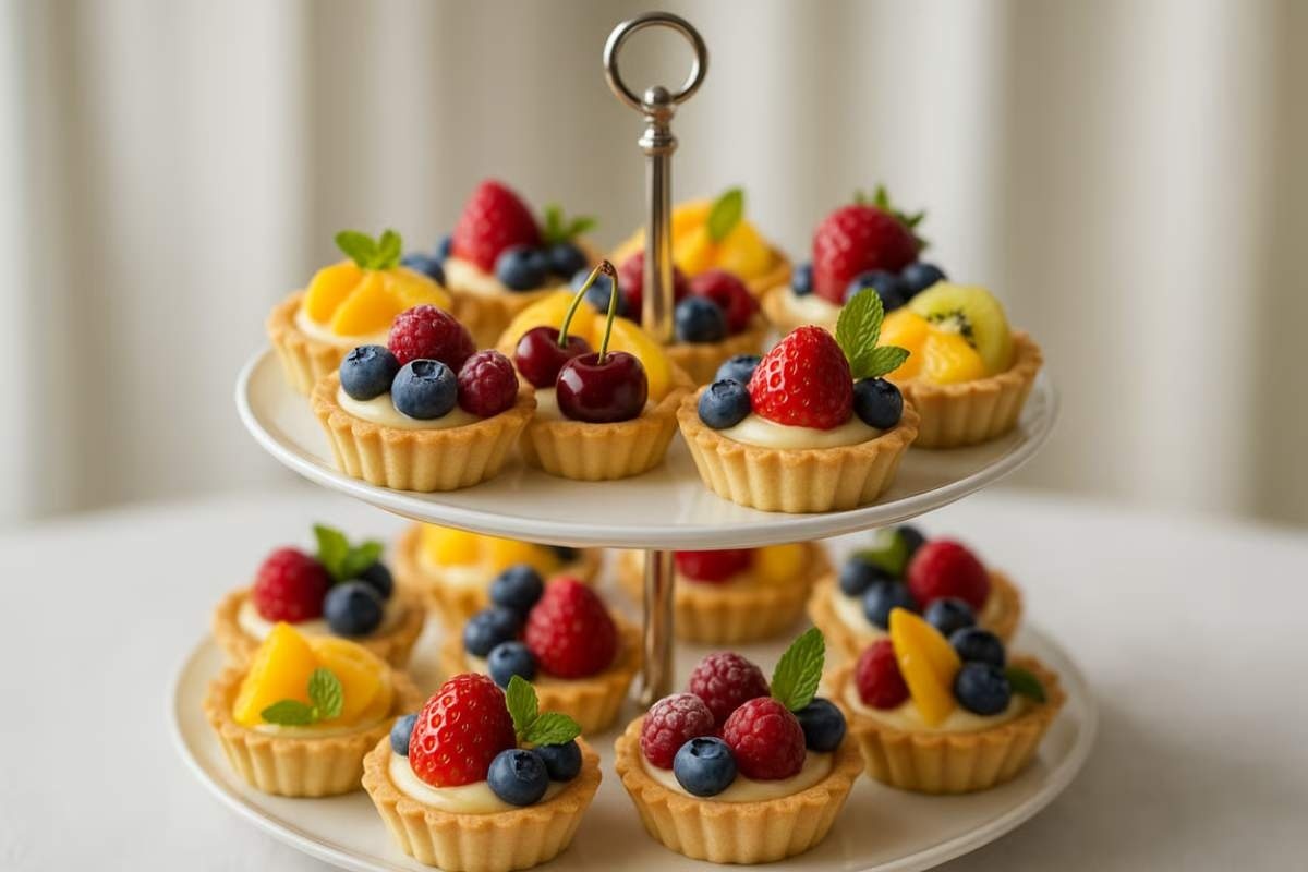 Asamblarea si decorarea mini tartelor cu fructe_Candy bar, suport special pentru mini tarte, masa