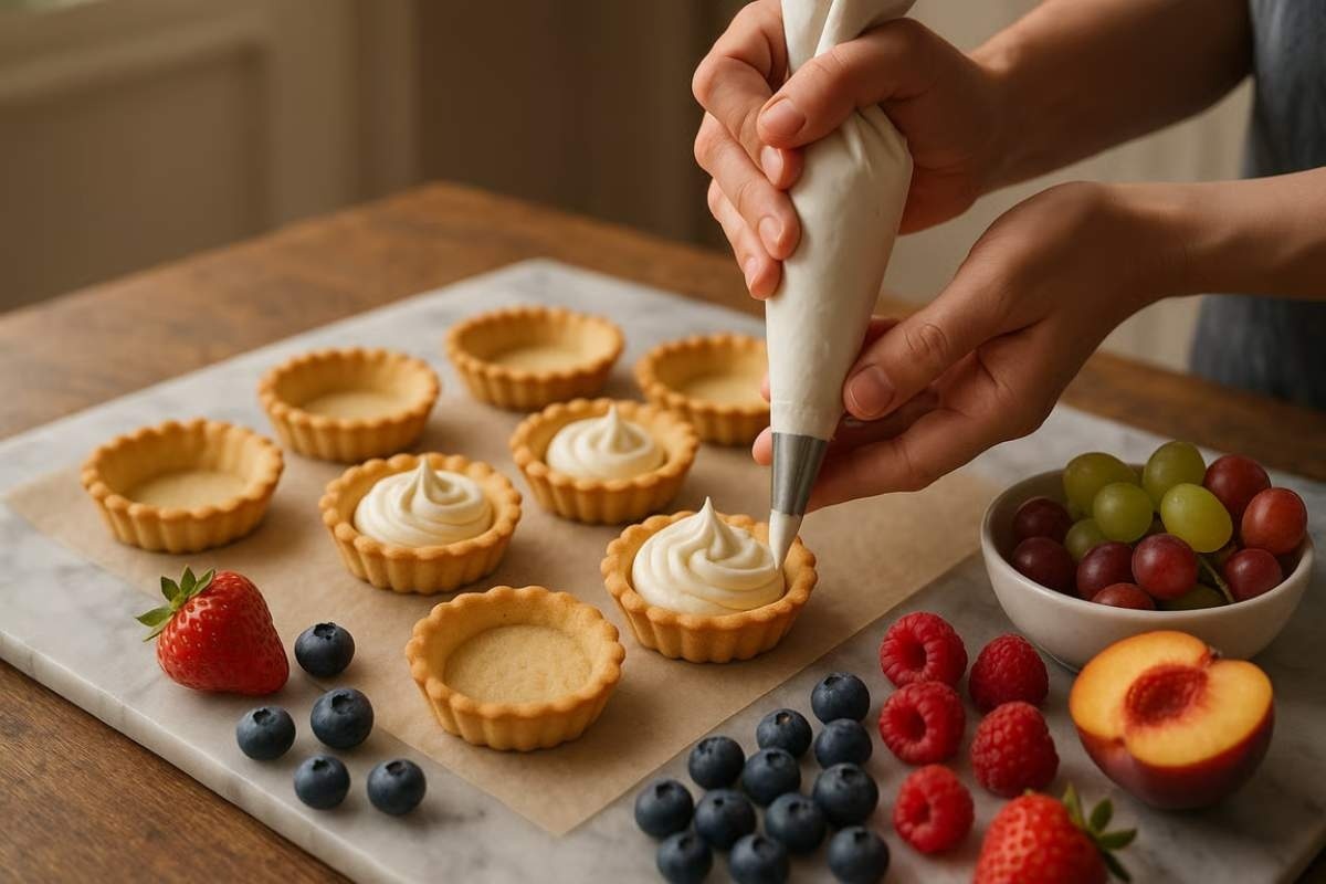Asamblarea si decorarea mini tartelor cu fructe_Persoana care se ocupa de decorarea tartelor, umplutura de crema de vanilie, fructe