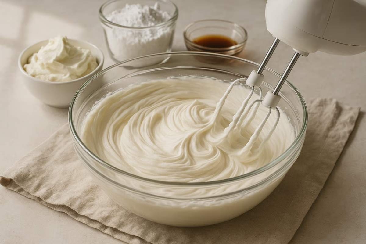 Crema pentru mini tarte cu fructe_Pregatire crema de mascarpone, ingrediente, mixer, masa