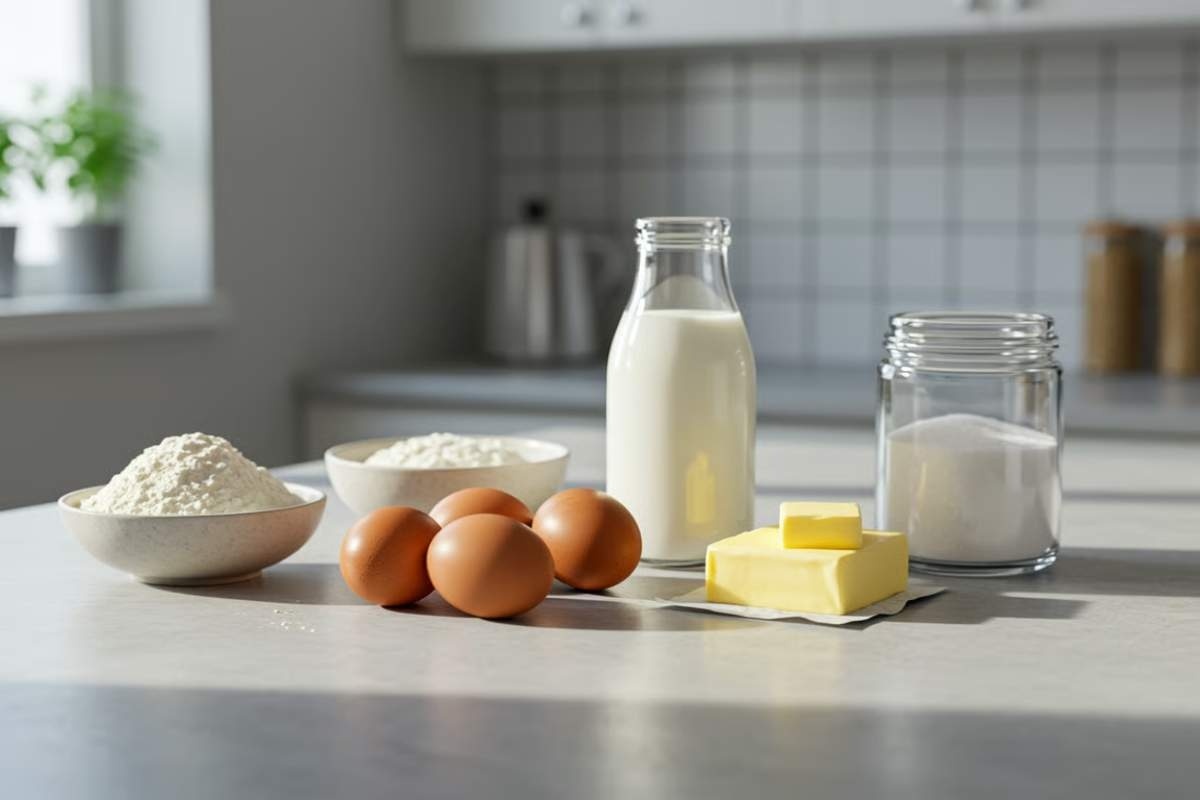 Ingrediente necesare pentru reteta de eclere_Materii prime, lapte, faina, oua, unt, zahar, bucatarie, masa