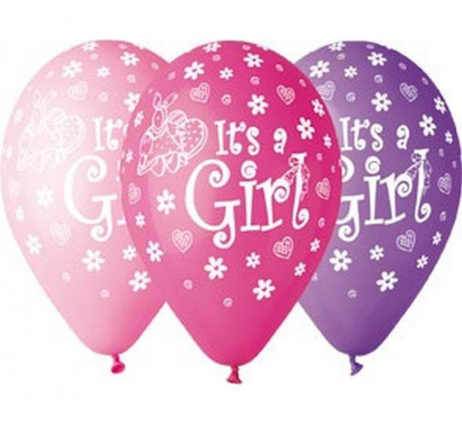 Set 5 baloane latex 30 cm - "It's a girl", diferite culori