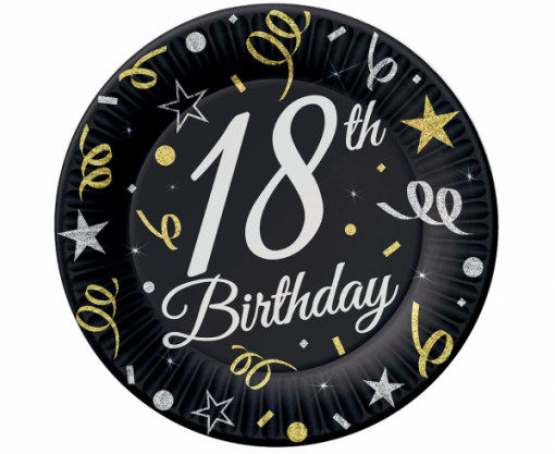 Set 6 farfurii carton "18 Happy Birthday" negru/argintiu