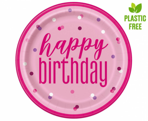 Set 8 farfurii hartie "Happy Birthday" roz/argintiu