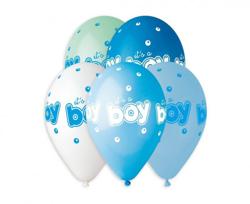 Set 5 baloane latex 33 cm - "It's a boy", diferite culori