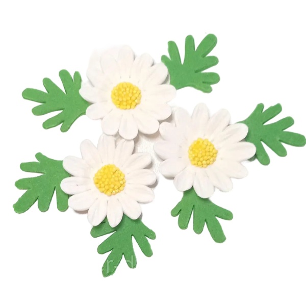 Decoratiuni comestibile din zahar - set 3 flori + 6 frunze - Musetel - ALB