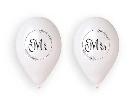 Set 4 baloane latex 33 cm - albe "Mr & Mrs"