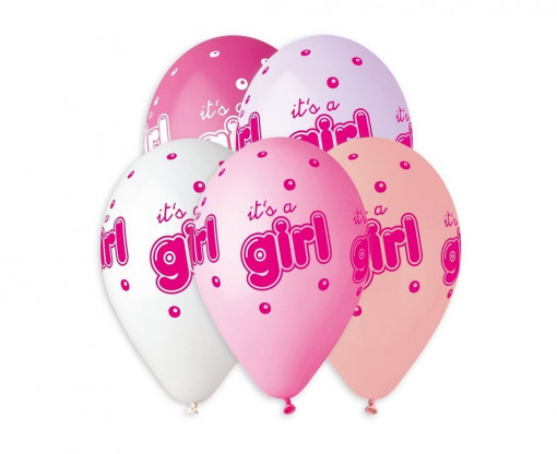 Set 5 baloane latex 33 cm - "It's a girl", diferite culori