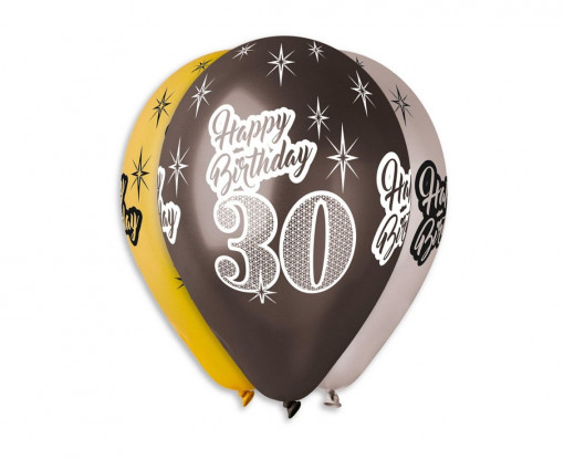 Set 6 baloane latex 30 cm - "Happy Birthday 30", diferite culori metalic