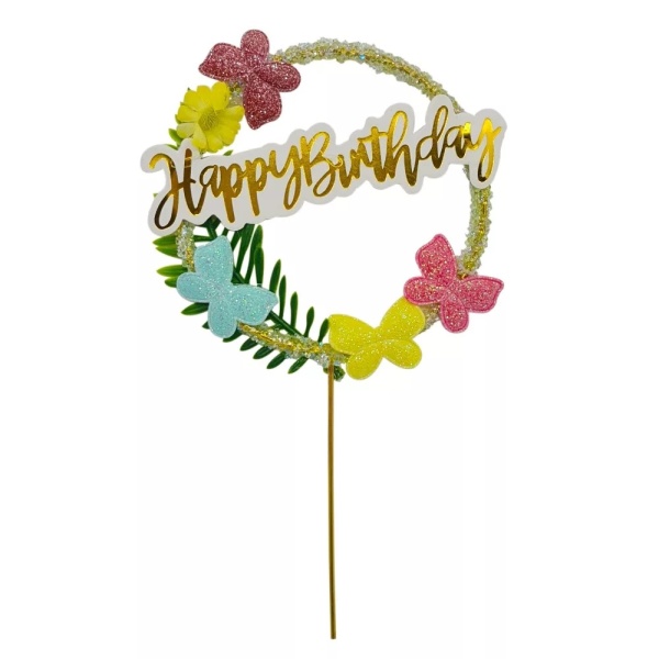 Topper tort "Happy Birthday" cu flori si fluturasi - T090323