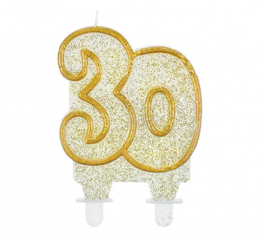 Lumanare tort cifra 30, alb cu contur auriu si glitter