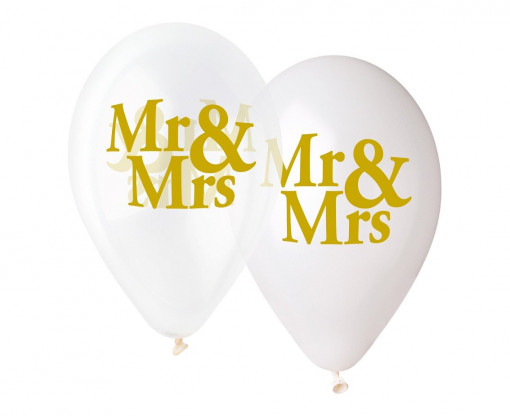 Set 5 baloane latex 33 cm - "Mr&Mrs", auriu