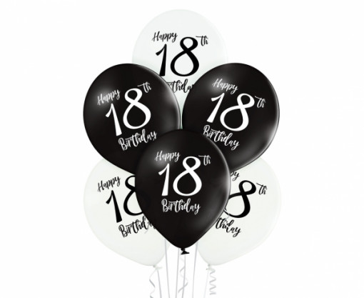 Set 6 baloane latex 30 cm - "Happy 18 th Birthday" alb/negru