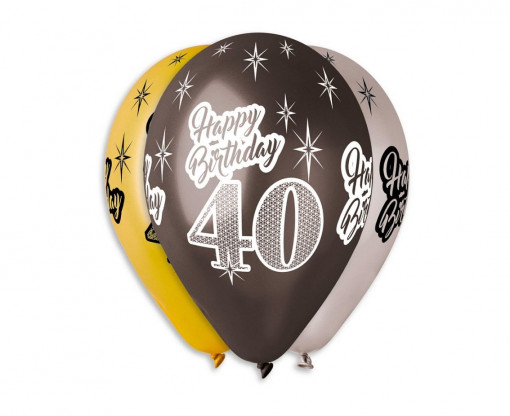 Set 6 baloane latex 30 cm - "Happy Birthday 40", diferite culori metalic