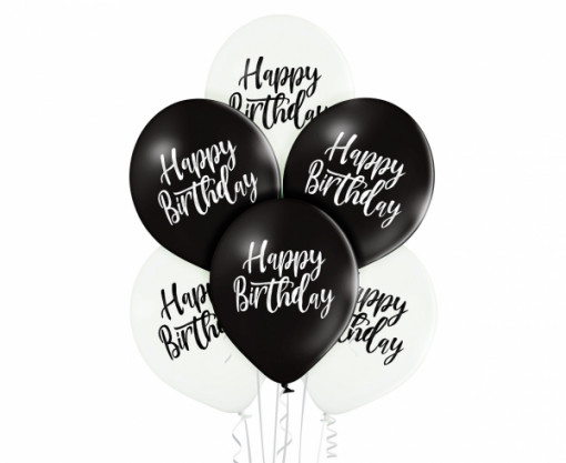 Set 6 baloane latex 30 cm - "Happy Birthday" alb/negru