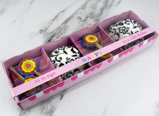 Set 24 invelitori decorative pentru briose + 24 minitoppers - "Pink Dots"