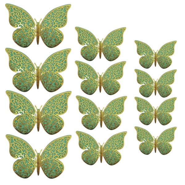 Set 12 decoratiuni fluturi cu efect 3d - 3 dimensiuni - T090184 - Auriu/Verde